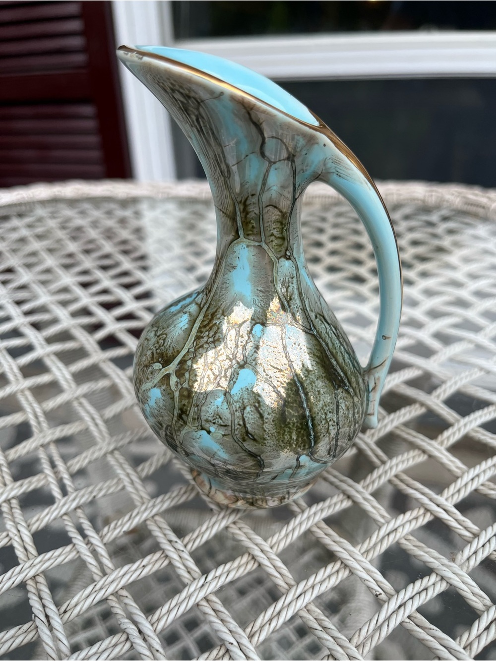 Vtg Delft Hand Painted Small Ceramic Pitcher Blue And Gold Tone Swirled 5 In